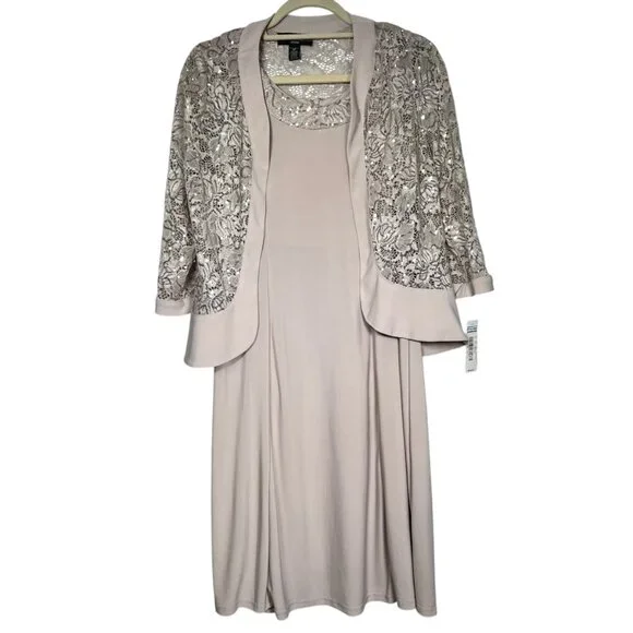 R&M Richards Womens 2 Piece Ruffled Lace Jacket & Dress Champagne Size 6P - Picture 4 of 16